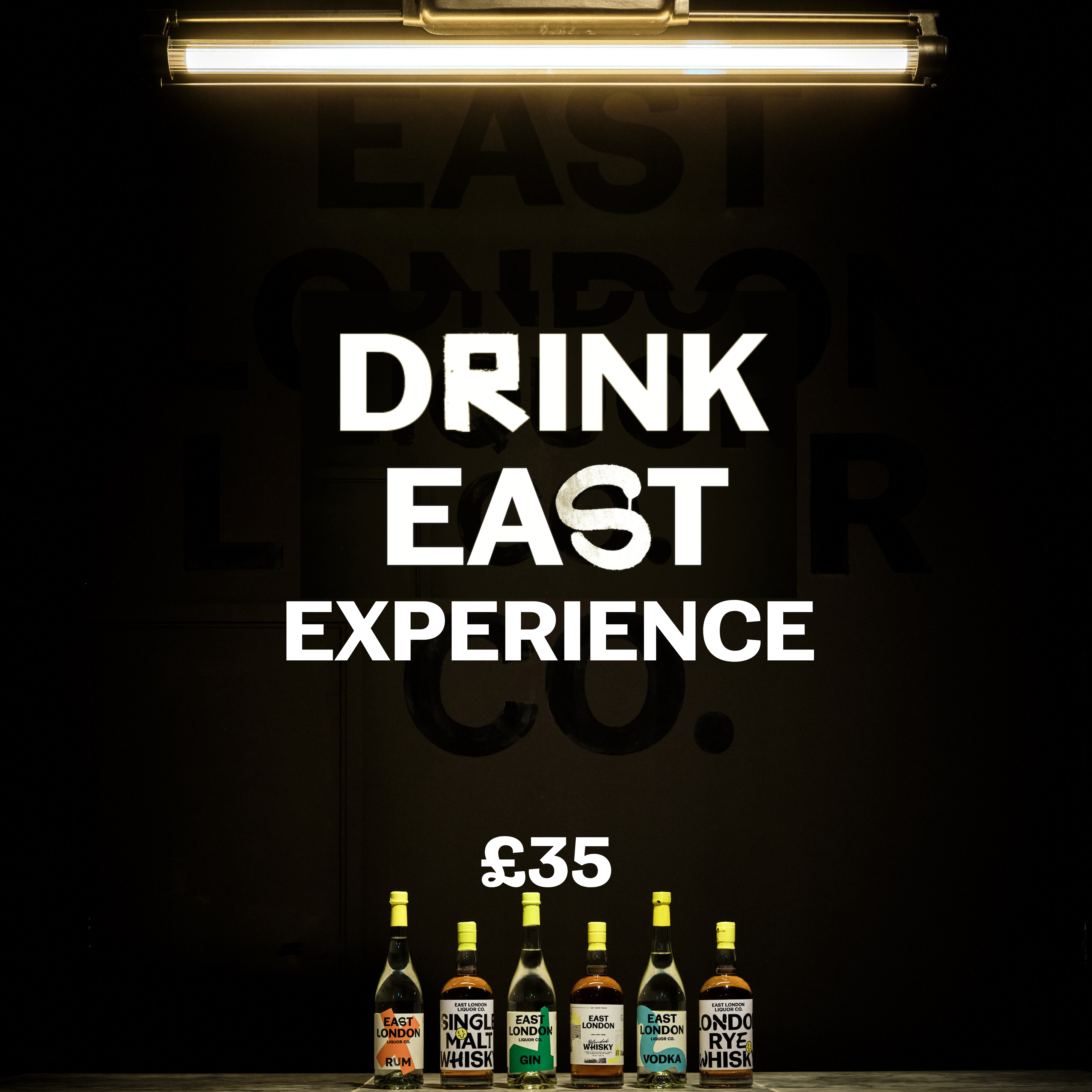 Promotional image for 'Drink East Experience' with bottles on a dark background